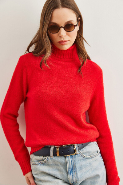 Women's Red Crew Neck Soft Texture Beard Knitted Sweater KZK-19000861 - 5
