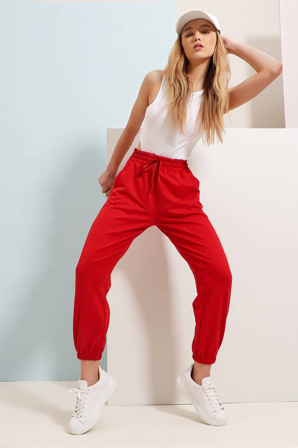 Women's Red Cuffed Two-Thread Sweatpants ALC-Y2933 - 3