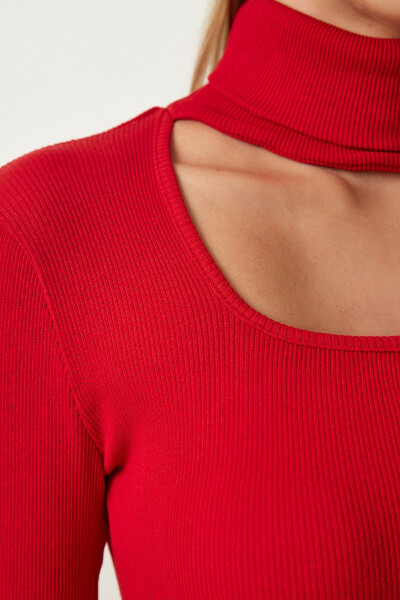 Women's Red Cut Out Detail Fisherman Neck Ribbed Knit Blouse GT00228 - 4