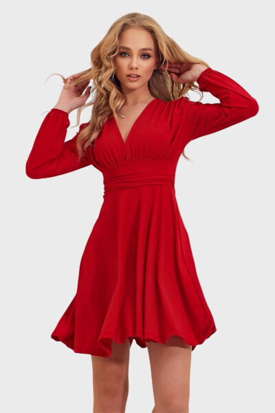 Women's Red Deep V-Neck A-Line Sandy Dress ALC-X9420 - 5