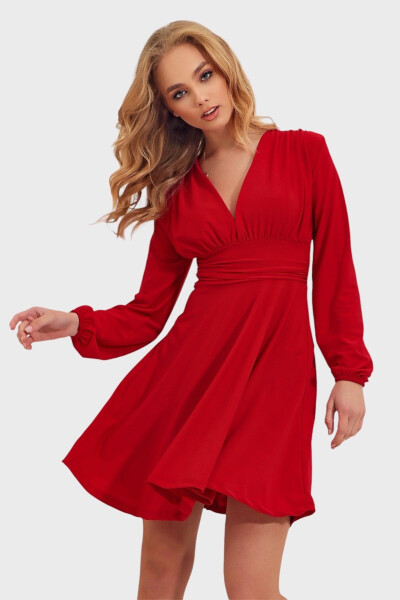 Women's Red Deep V-Neck A-Line Sandy Dress ALC-X9420 - 6