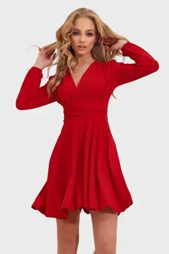 Women's Red Deep V-Neck A-Line Sandy Dress ALC-X9420 - 1