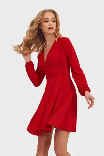 Women's Red Deep V-Neck A-Line Sandy Dress ALC-X9420 - TREND ALAÇATI STILI (1)