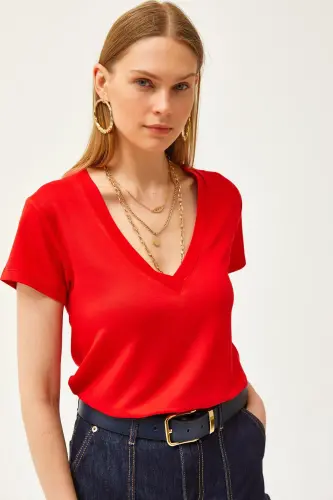 Women's Red Deep V-Neck Modal Touch T-Shirt TSH 