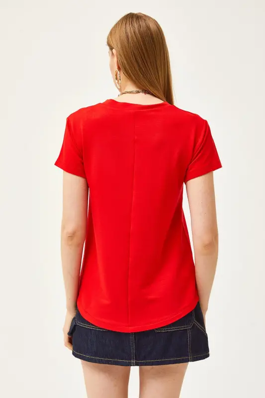 Women's Red Deep V-Neck Modal Touch T-Shirt TSH - 2