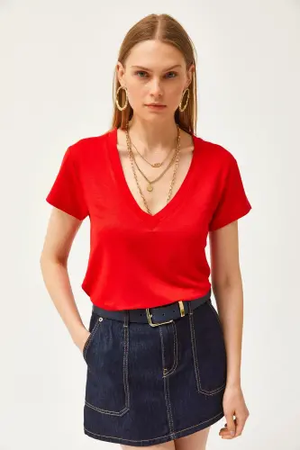 Women's Red Deep V-Neck Modal Touch T-Shirt TSH - 3