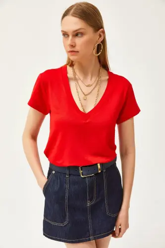 Women's Red Deep V-Neck Modal Touch T-Shirt TSH - 4