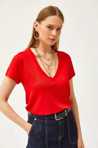 Women's Red Deep V-Neck Modal Touch T-Shirt TSH - 5