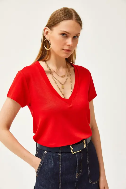 Women's Red Deep V-Neck Modal Touch T-Shirt TSH - 5