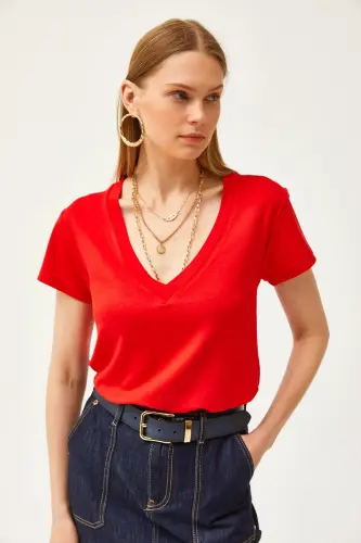 Women's Red Deep V-Neck Modal Touch T-Shirt TSH - 6