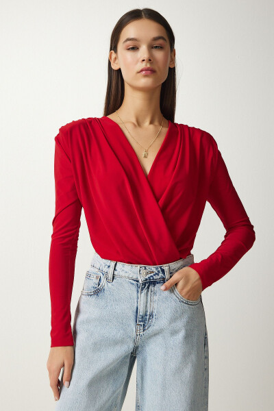 Women's Red Envelope Neck Snap Button Knit Blouse FF00147 - HAPPINESS İSTANBUL
