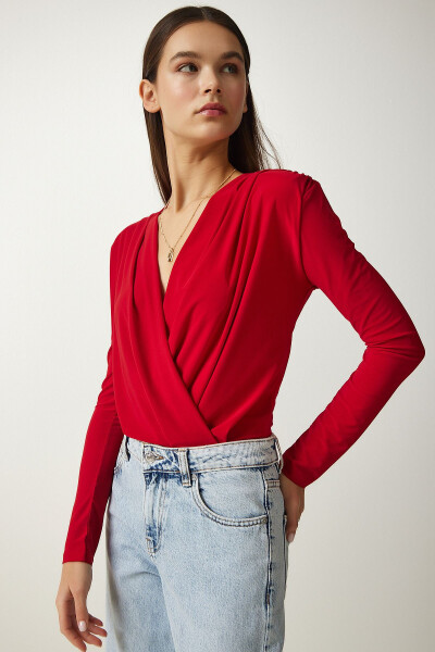 Women's Red Envelope Neck Snap Button Knit Blouse FF00147 - HAPPINESS İSTANBUL (1)