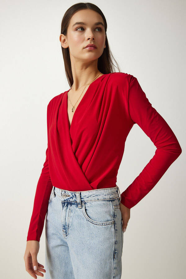 Women's Red Envelope Neck Snap Button Knit Blouse FF00147 - 2