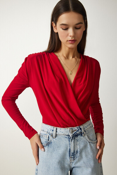 Women's Red Envelope Neck Snap Button Knit Blouse FF00147 - 3