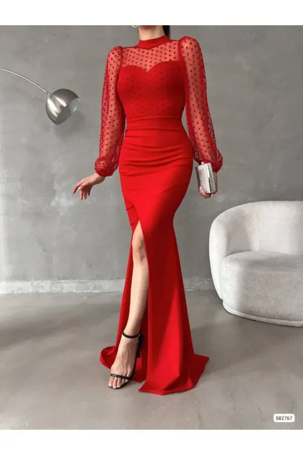 Women's Red Fisherman Collar Tulle Detail Slit Plus Size Maxi Evening Dress - 1