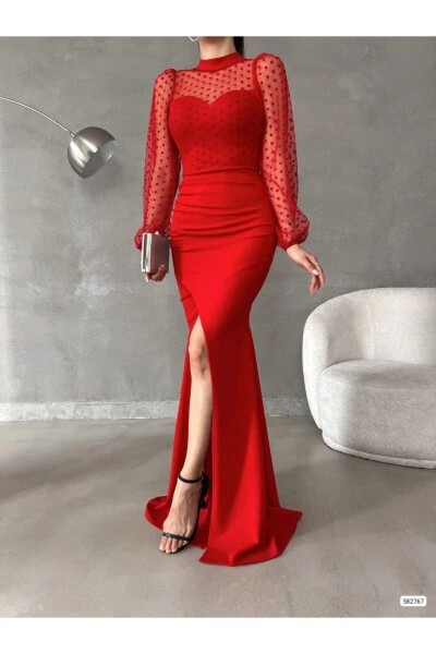 Women's Red Fisherman Collar Tulle Detail Slit Plus Size Maxi Evening Dress - WOOLNCLYDE (1)