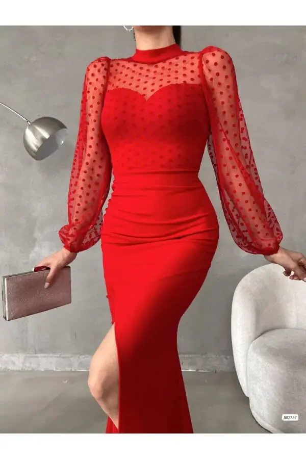 Women's Red Fisherman Collar Tulle Detail Slit Plus Size Maxi Evening Dress - 3