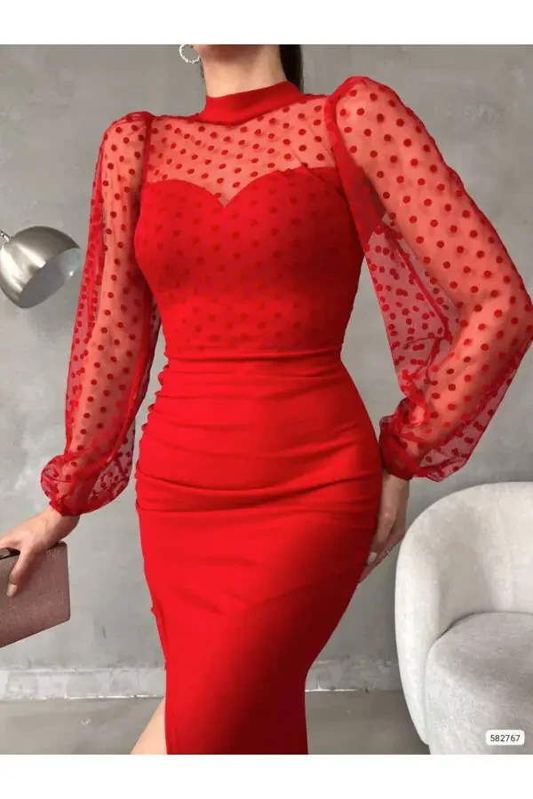 Women's Red Fisherman Collar Tulle Detail Slit Plus Size Maxi Evening Dress - 4