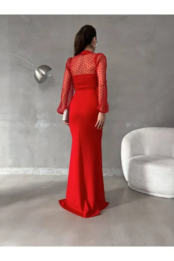 Women's Red Fisherman Collar Tulle Detail Slit Plus Size Maxi Evening Dress - 5