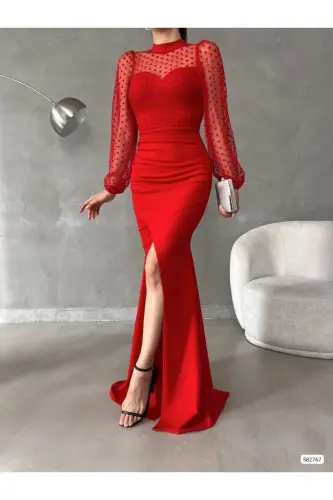 Women's Red Fisherman Collar Tulle Detail Slit Plus Size Maxi Evening Dress 