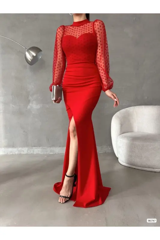 Women's Red Fisherman Collar Tulle Detail Slit Plus Size Maxi Evening Dress - 2