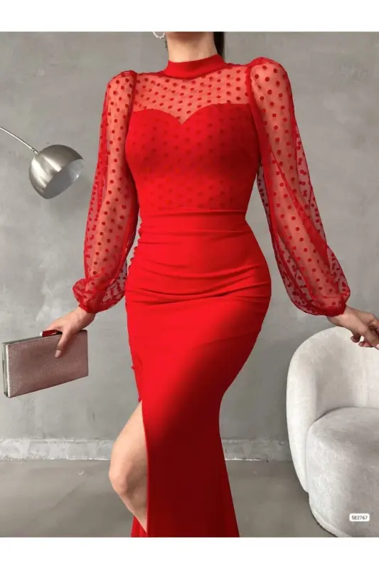 Women's Red Fisherman Collar Tulle Detail Slit Plus Size Maxi Evening Dress - 3