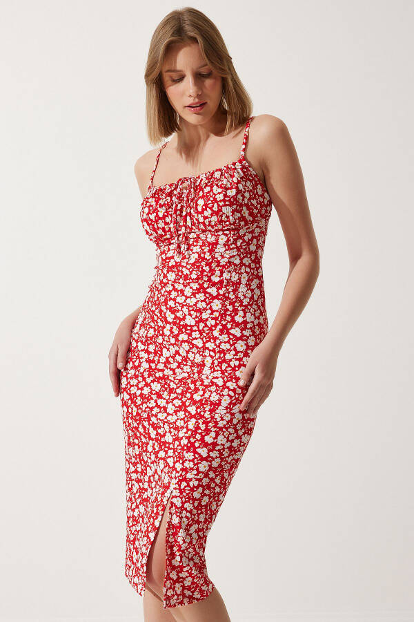 Women's Red Floral Slit Summer Knit Dress CI00029 - 1