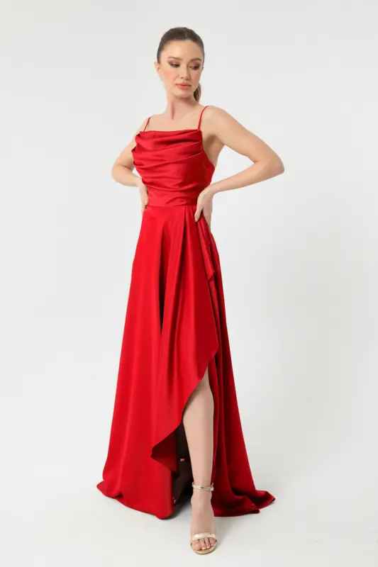 Women's Red Flounced Slit Satin Evening & Graduation Dress - Red - 3