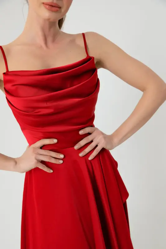 Women's Red Flounced Slit Satin Evening & Graduation Dress - Red - 4