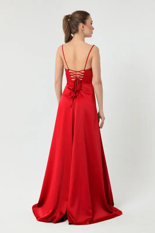 Women's Red Flounced Slit Satin Evening & Graduation Dress - Red - 5