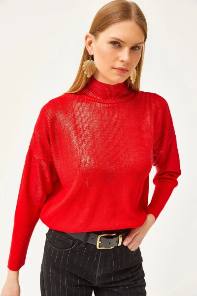 Women's Red Half Turtleneck Metallic Detailed Knitted Sweater - OLALOOK