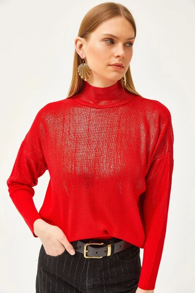Women's Red Half Turtleneck Metallic Detailed Knitted Sweater - OLALOOK (1)