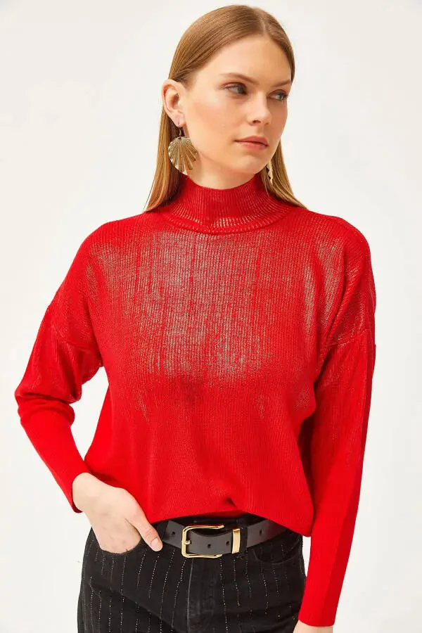 Women's Red Half Turtleneck Metallic Detailed Knitted Sweater - 2