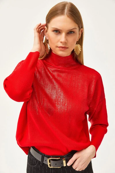 Women's Red Half Turtleneck Metallic Detailed Knitted Sweater - 3