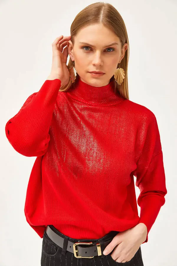 Women's Red Half Turtleneck Metallic Detailed Knitted Sweater - 3