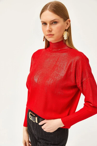Women's Red Half Turtleneck Metallic Detailed Knitted Sweater - 4