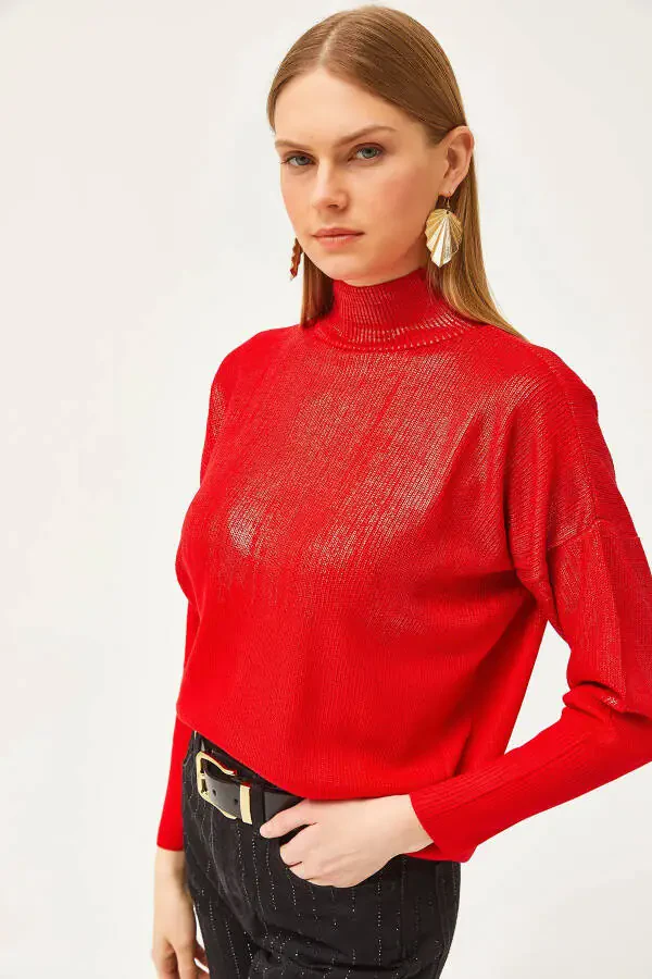 Women's Red Half Turtleneck Metallic Detailed Knitted Sweater - 4