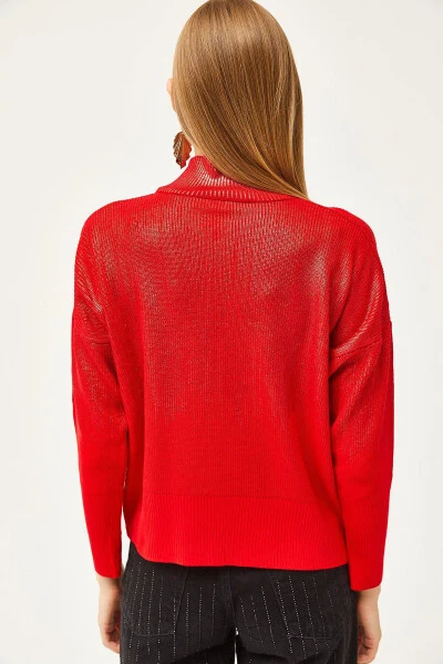 Women's Red Half Turtleneck Metallic Detailed Knitted Sweater - 5