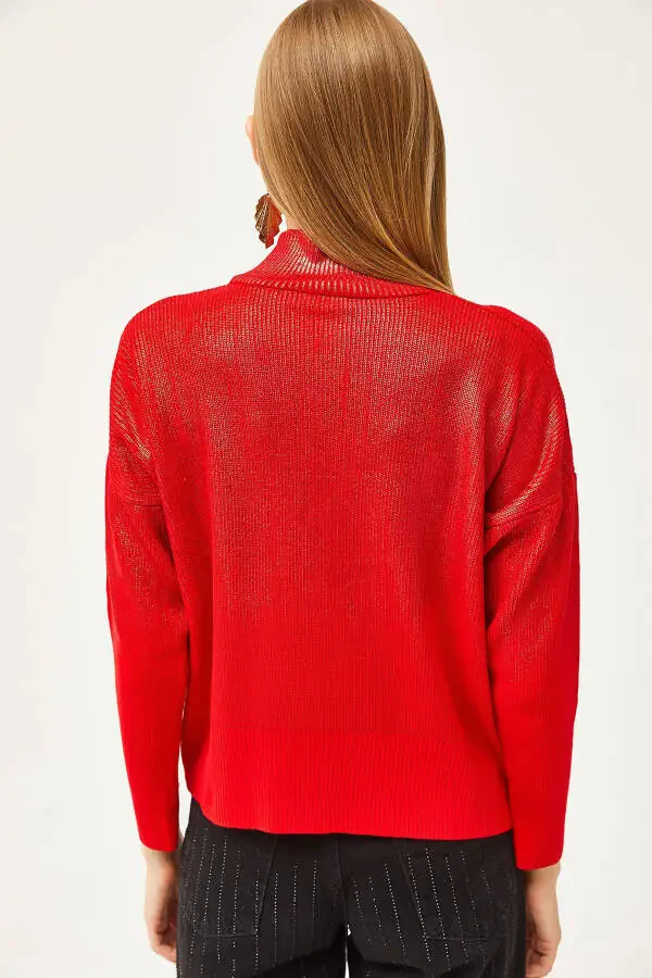 Women's Red Half Turtleneck Metallic Detailed Knitted Sweater - 5