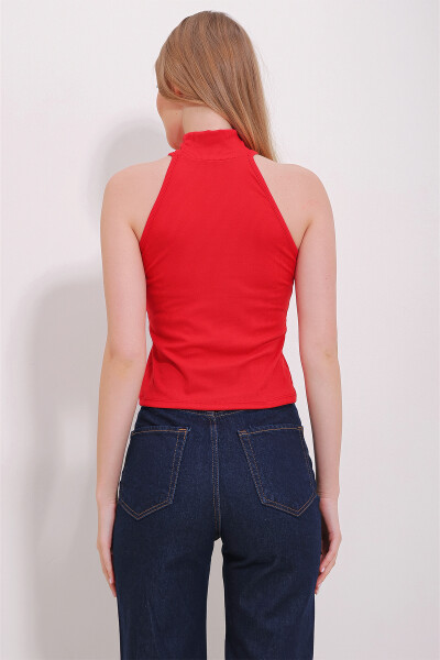 Women's Red Halter Neck Crop Top ALC-X11497 - 3