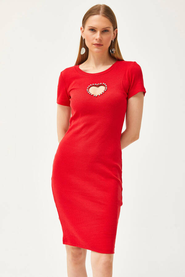 Women's Red Heart Neckline Stone Decorated Lycra Mini Cotton Dress ELB-19002065 - 3