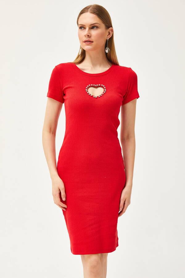 Women's Red Heart Neckline Stone Decorated Lycra Mini Cotton Dress ELB-19002065 - 5