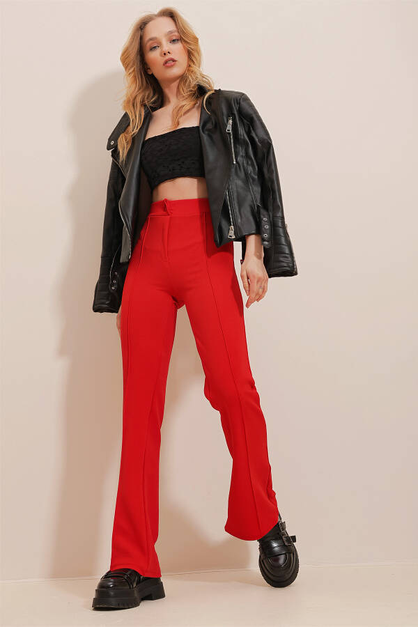 Women's Red High Waist Front Zipper Wide Leg Lycra Trousers ALC-X9979 - 1