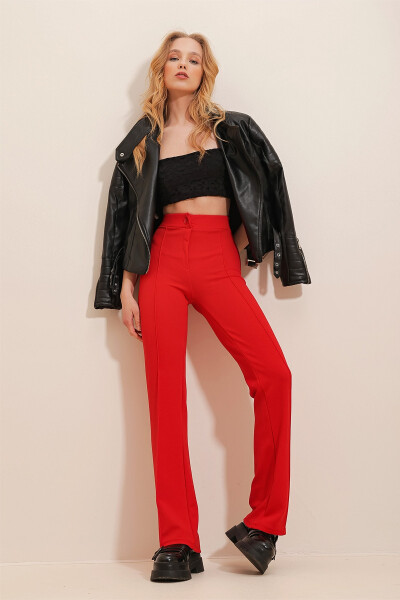 Women's Red High Waist Front Zipper Wide Leg Lycra Trousers ALC-X9979 - 7