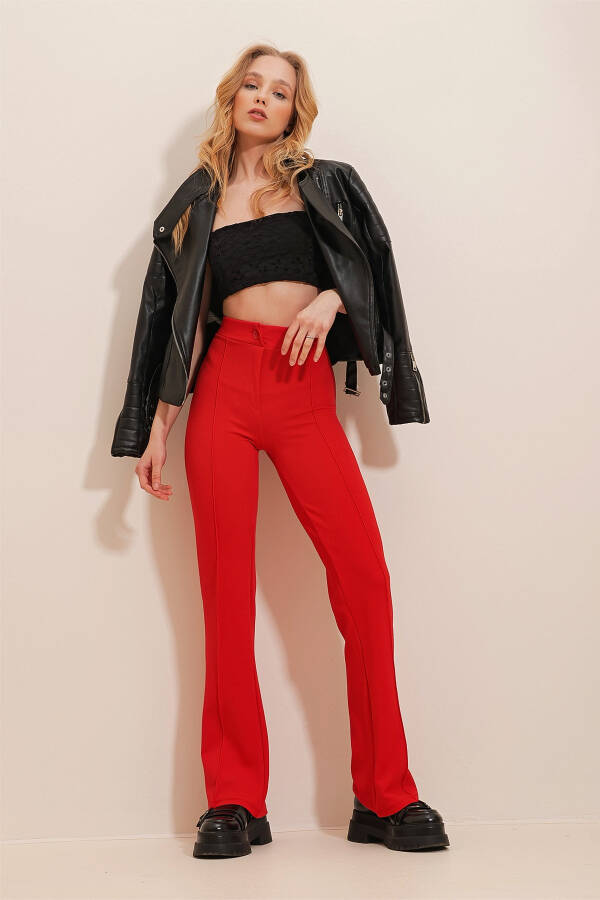 Women's Red High Waist Front Zipper Wide Leg Lycra Trousers ALC-X9979 - 8