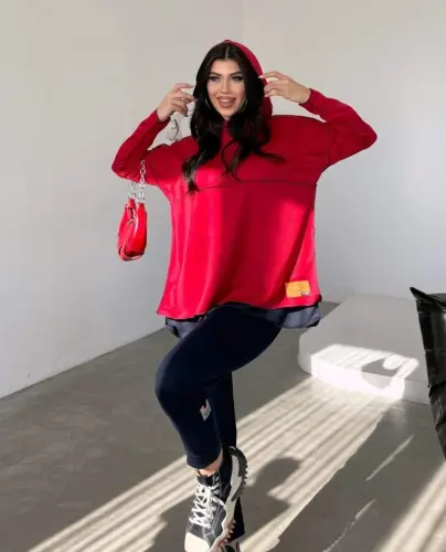 Women's Red Hooded Skirt Hem Detail Crest Reverse Stitch Appearance Two Piece Set - 1