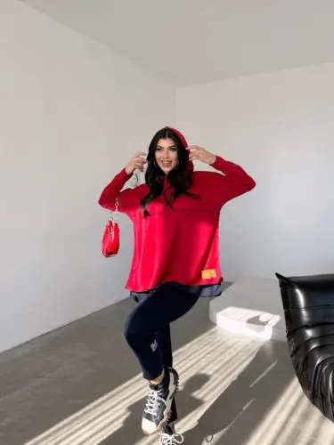 Women's Red Hooded Skirt Hem Detail Crest Reverse Stitch Appearance Two Piece Set - 6