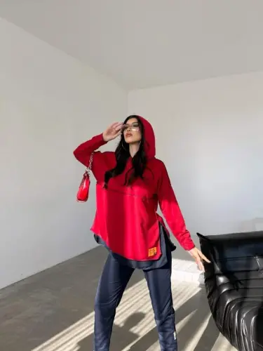 Women's Red Hooded Skirt Hem Detail Crest Reverse Stitch Appearance Two Piece Set - 8