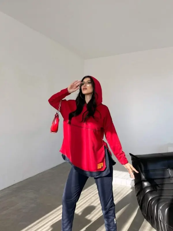 Women's Red Hooded Skirt Hem Detail Crest Reverse Stitch Appearance Two Piece Set - 8