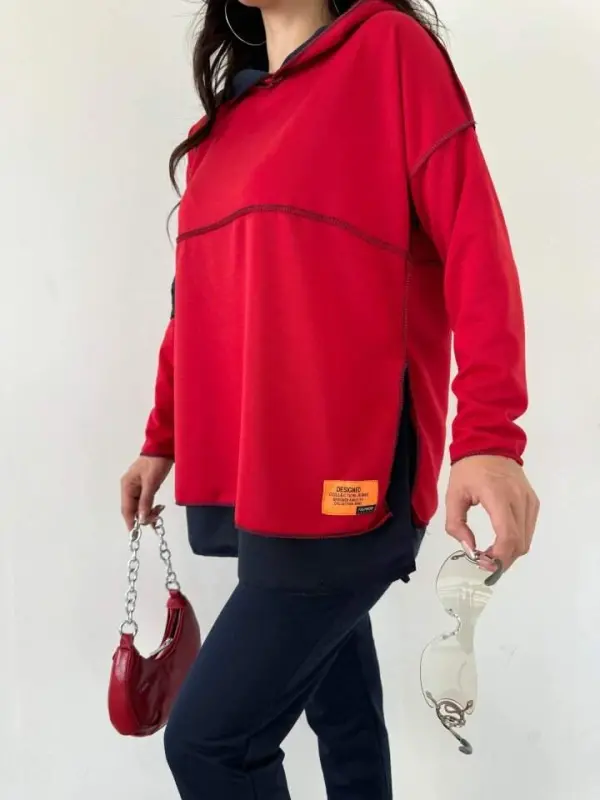 Women's Red Hooded Skirt Hem Detail Crest Reverse Stitch Appearance Two Piece Set - 12